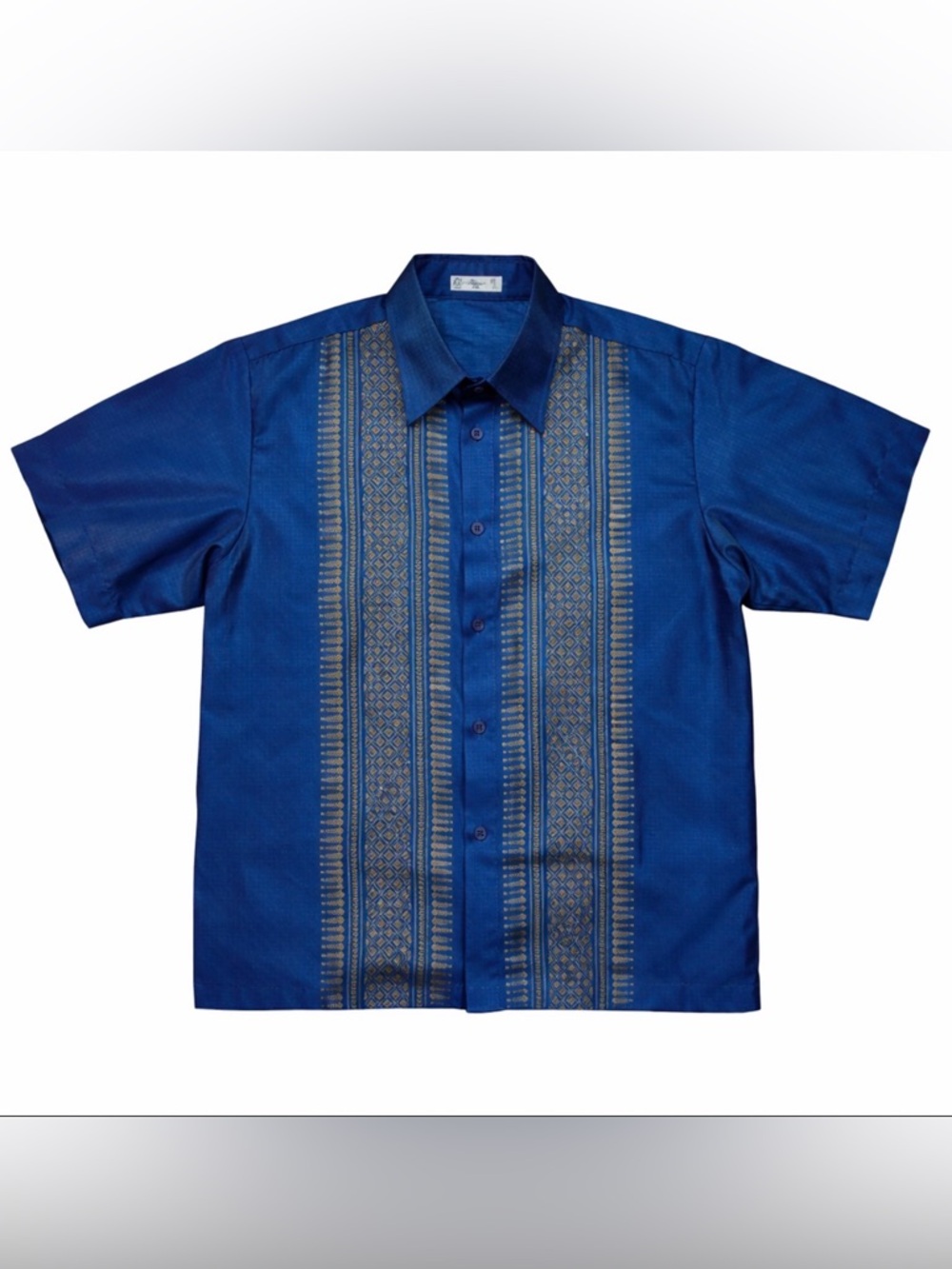 Thai Silk Mens Large Blue Embroidered Button Up Shirt Luxury Casual Resort
